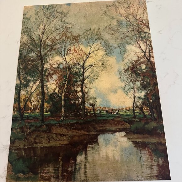 Large Vintage Landscape Art Print of Trees and River - Picture 1 of 4
